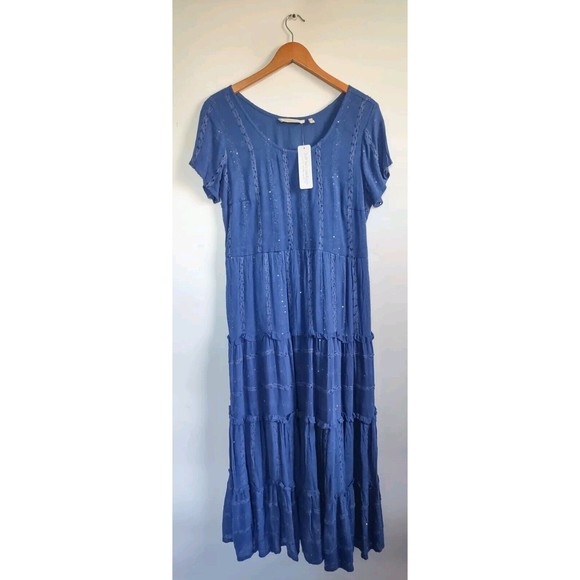 NWT Soft Surroundings Kara Tiered Maxi Dress Blue Shimmer Sequin Med 10-12 $150 - Picture 2 of 12